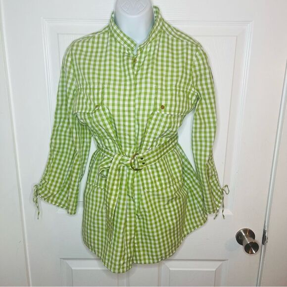 Tory Burch Lime Green Button Down Belted Gingham Cotton Shirt Tie Sleeve 6 - Picture 5 of 10